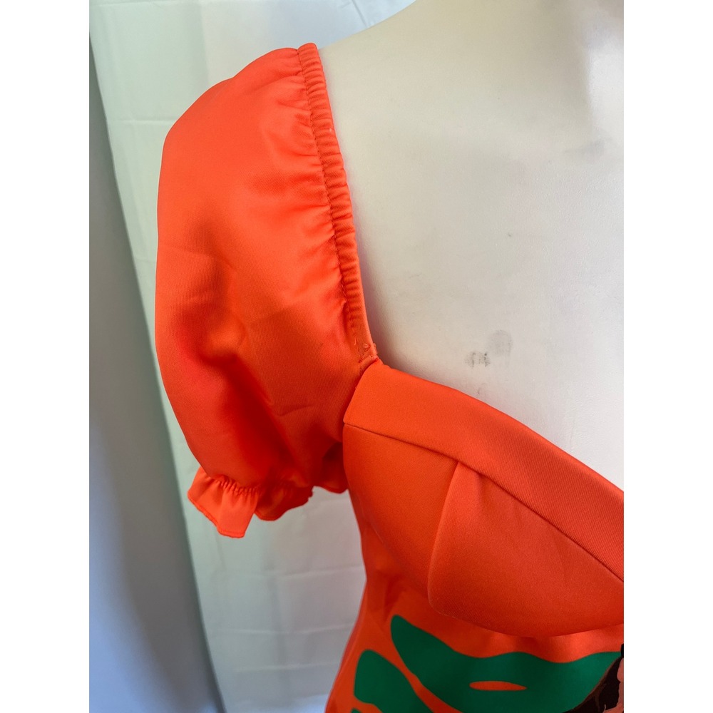 Orange Tropical Graphic Bustier Mini Dress Puff Sleeve Sweetheart Neck Bodycon - Picture 3 of 8
